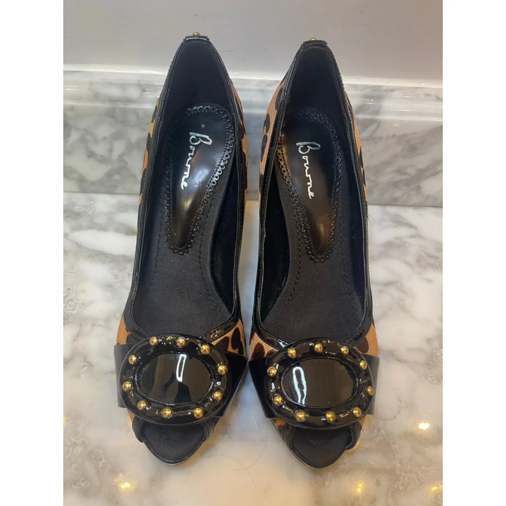 Y2K Bourne London Leopard Pony Hair Patent Leather Peep Toe Stiletto Heels Sz 37